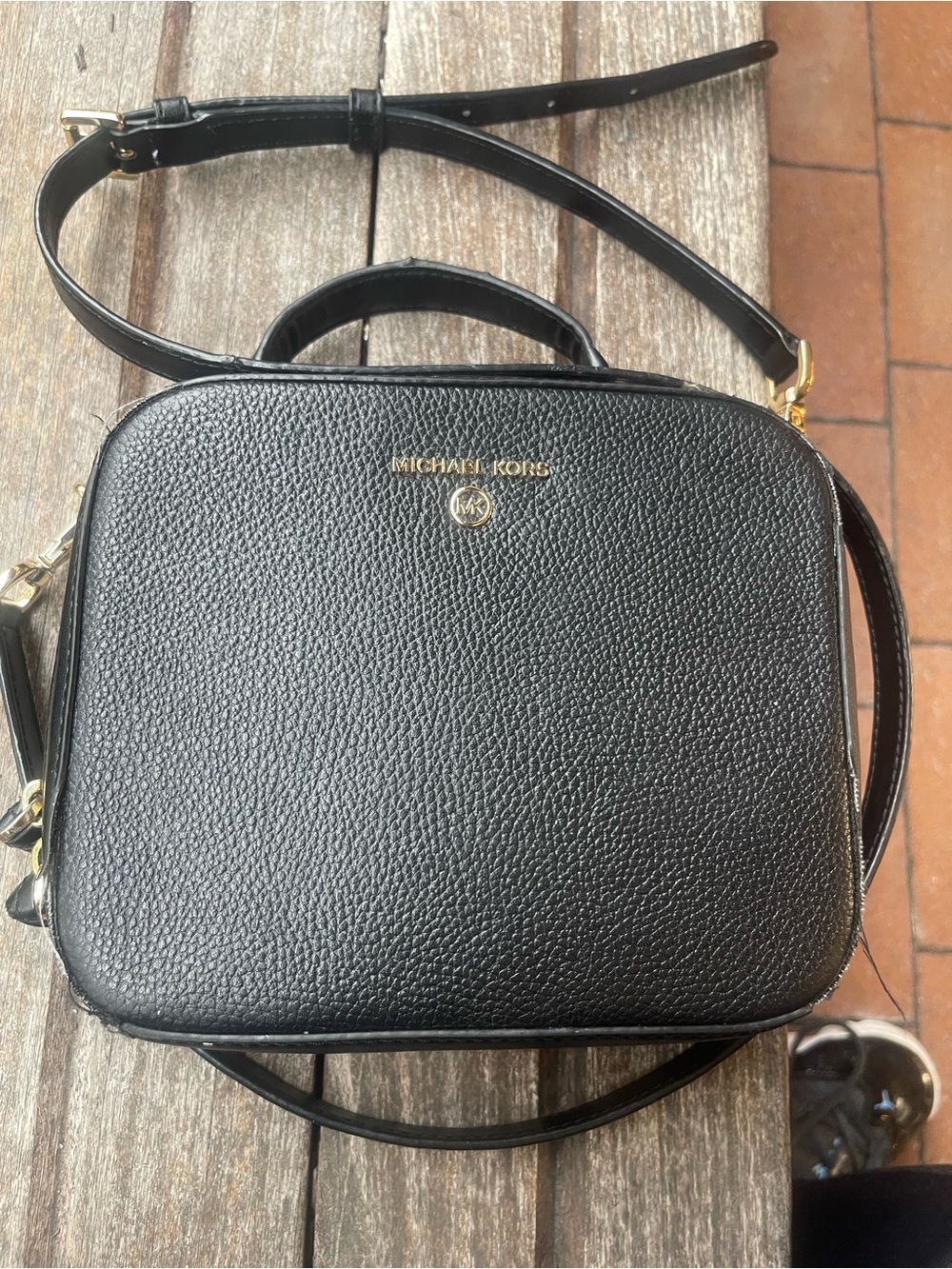 Michael Kors Black Pebbled Leather Square Crossbody with Gold Hardware